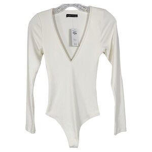 Abercrombie & Fitch Ivory Cream Long Sleeve V-Neck Ribbed Thong Bodysuit S